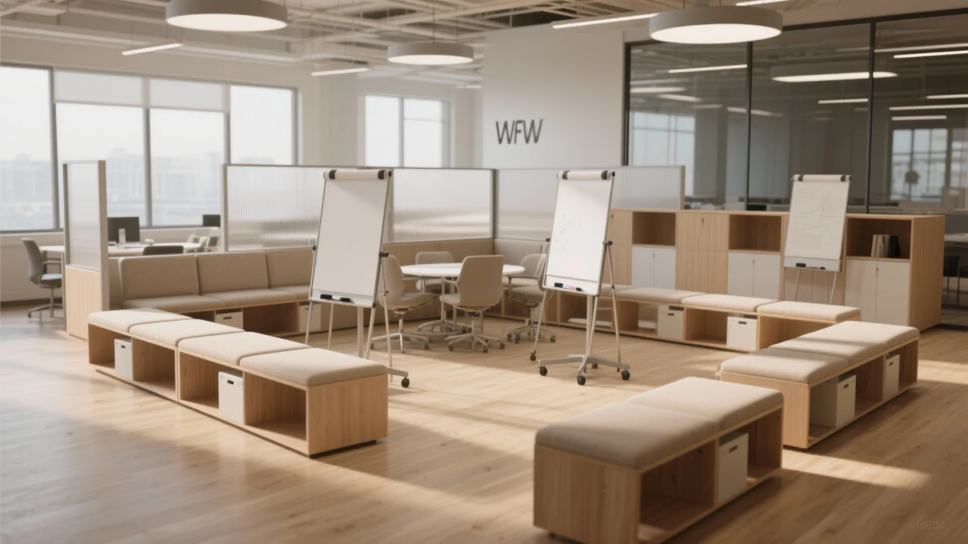 Modern open office with wooden benches and white boards for creative collaboration and flexible team meetings