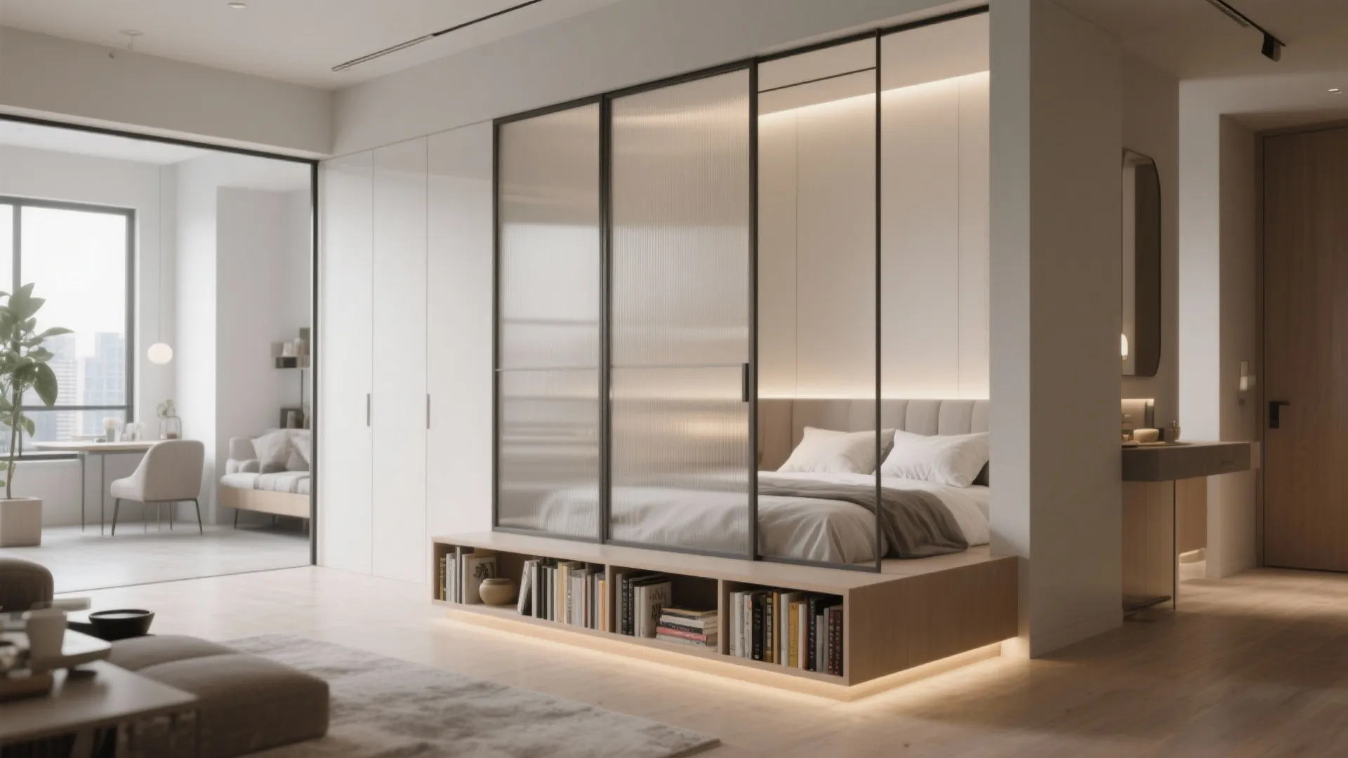 Modern studio apartment with glass room divider separating a bed from the open living area
