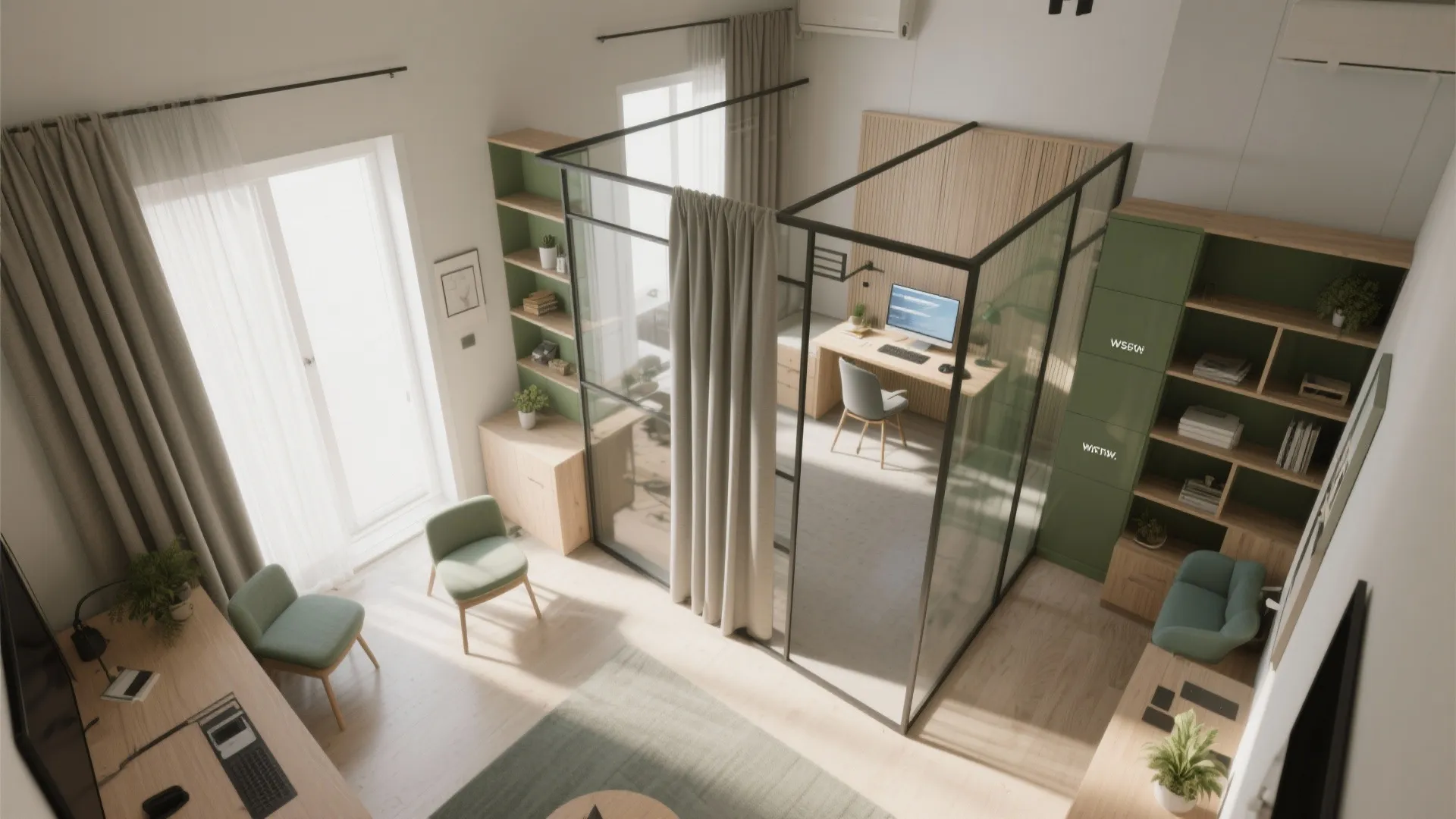Top-down view of a small apartment showing flexible zoning with curtains, glass partitions, and shelving.