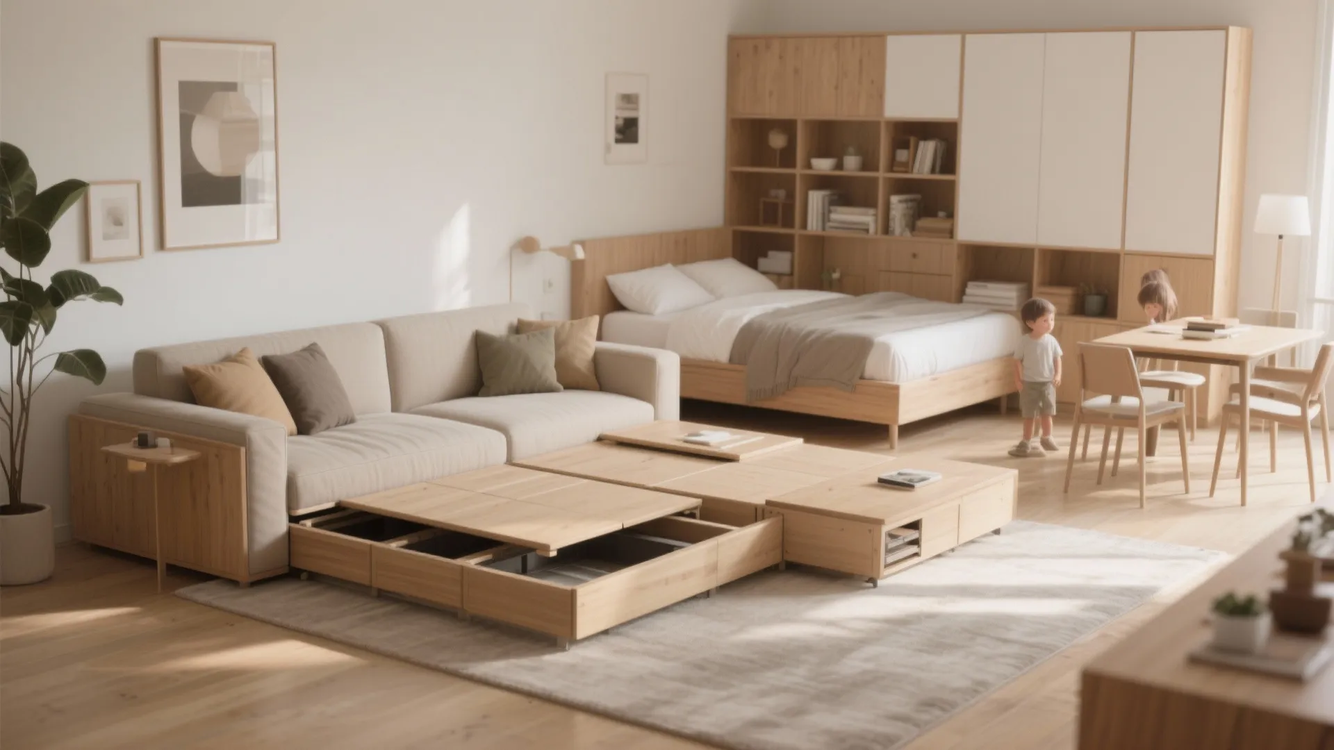 Living room with modular sofa/daybed and foldable table demonstrating flexible zoning