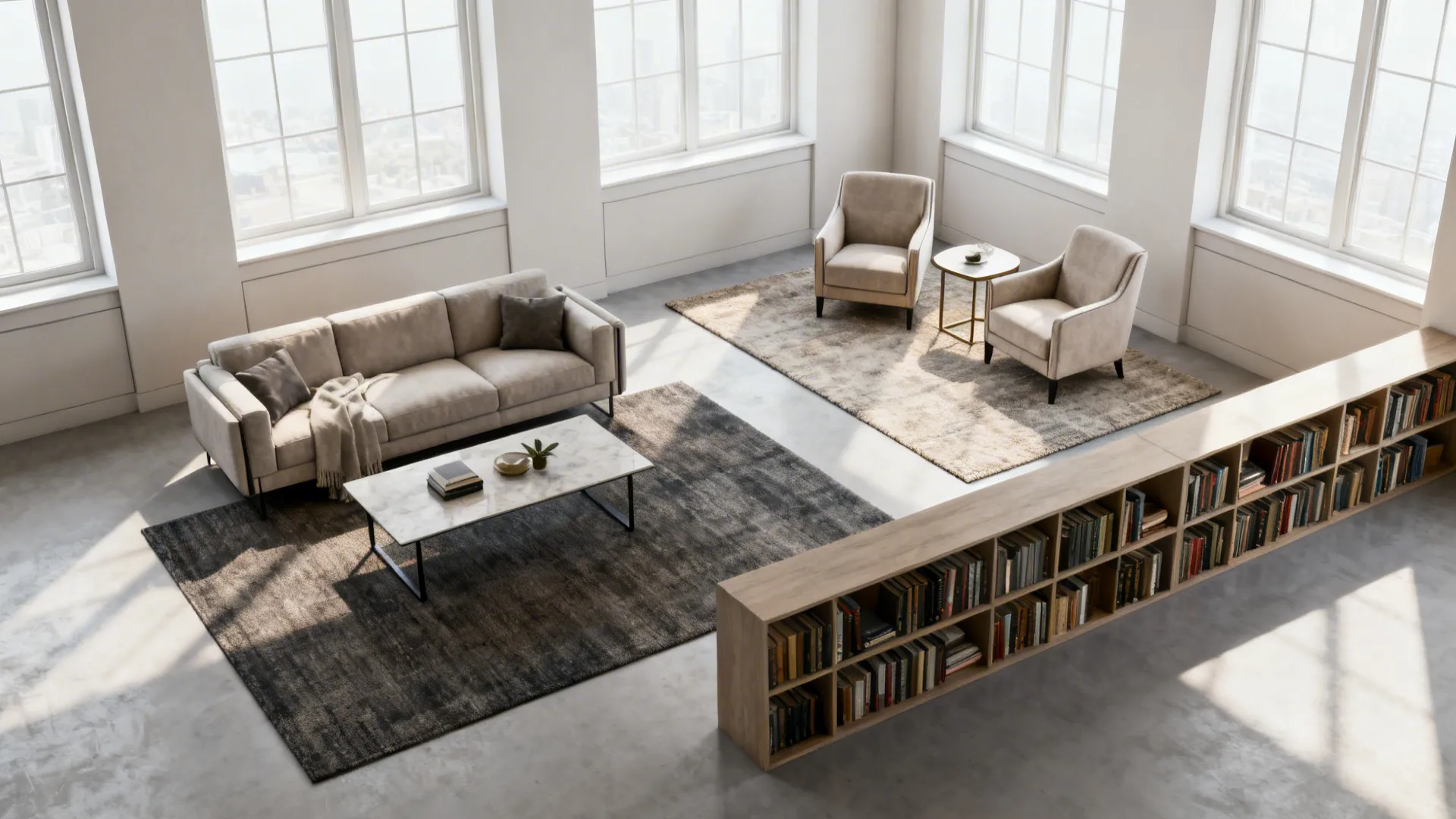 Top-down view of a studio with central living cluster and a refined corner separated by a low bookshelf and rugs.