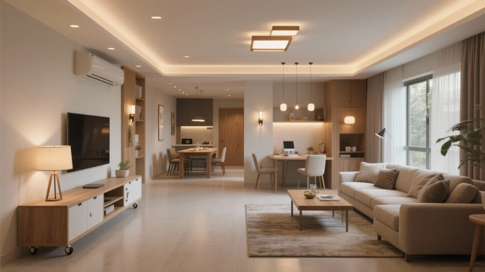 Flexible living-dining zoning with light and movable storage