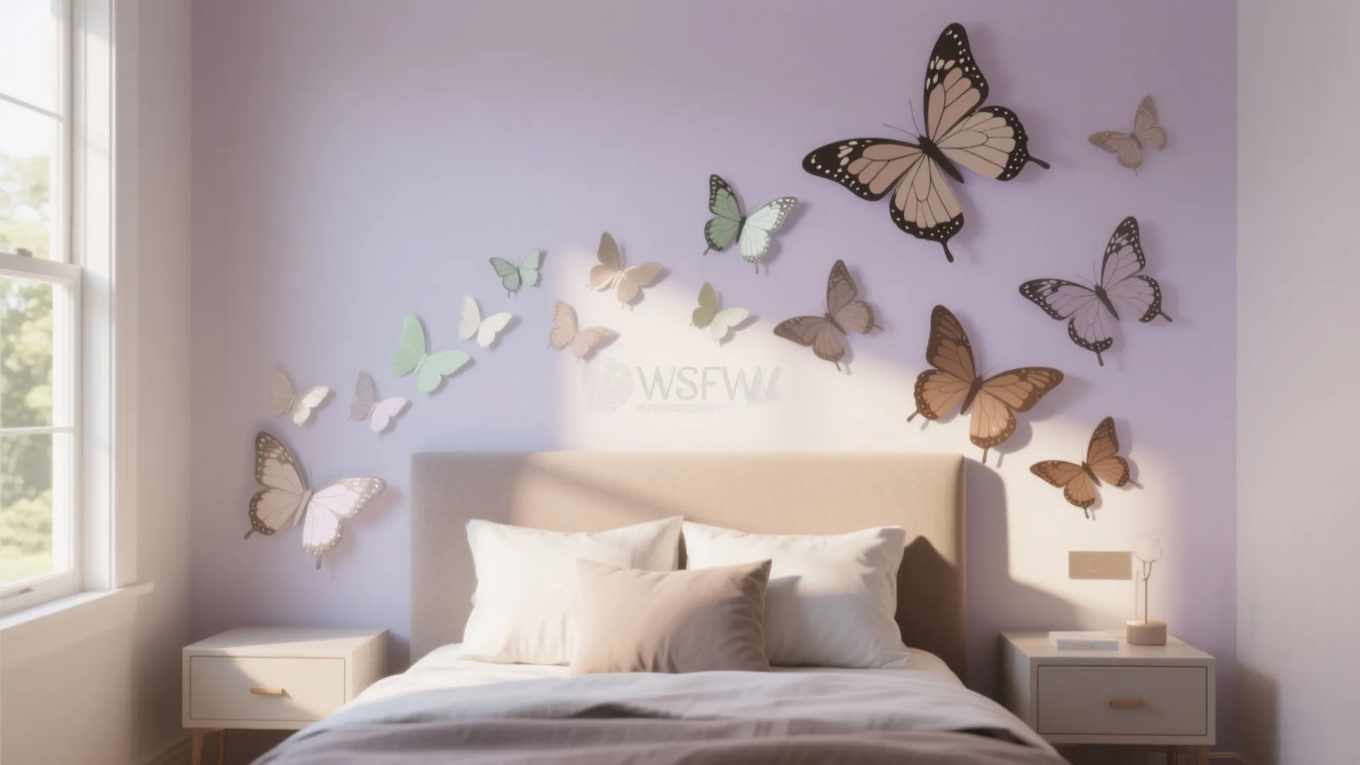 3D butterfly decals in a graceful flight path across the headboard wall toward a sunlit window.