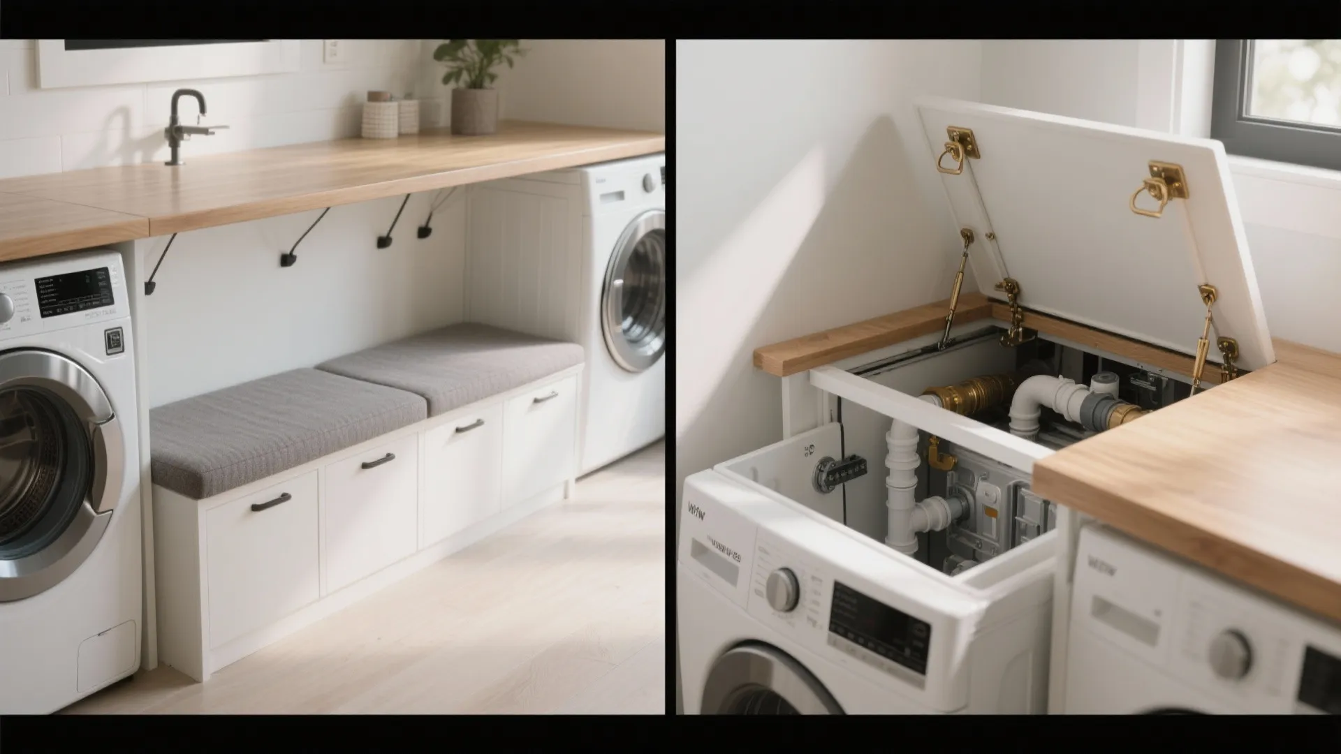 Before and after comparison of a laundry room bench and hidden plumbing under a countertop
