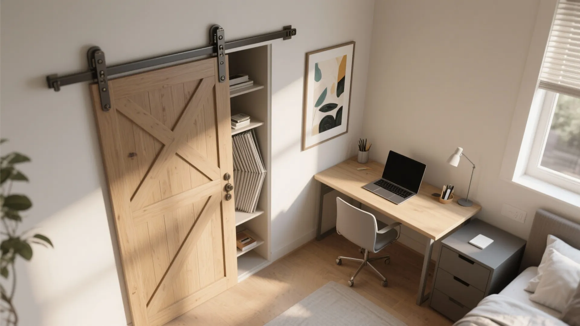 4. Dual-function barn door tied to a folding desk
