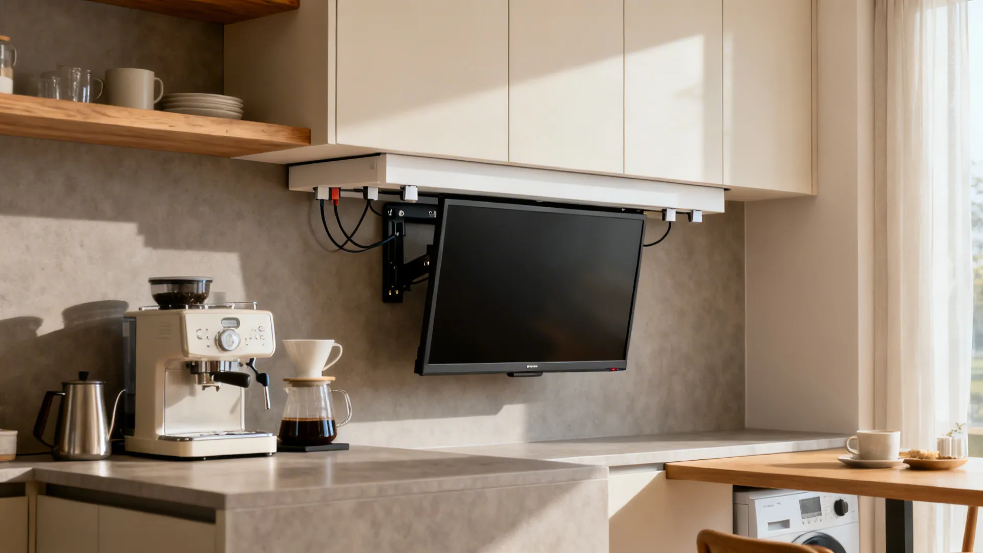 Under-cabinet flip-down TV over a coffee zone with guided cables and a compact screen.