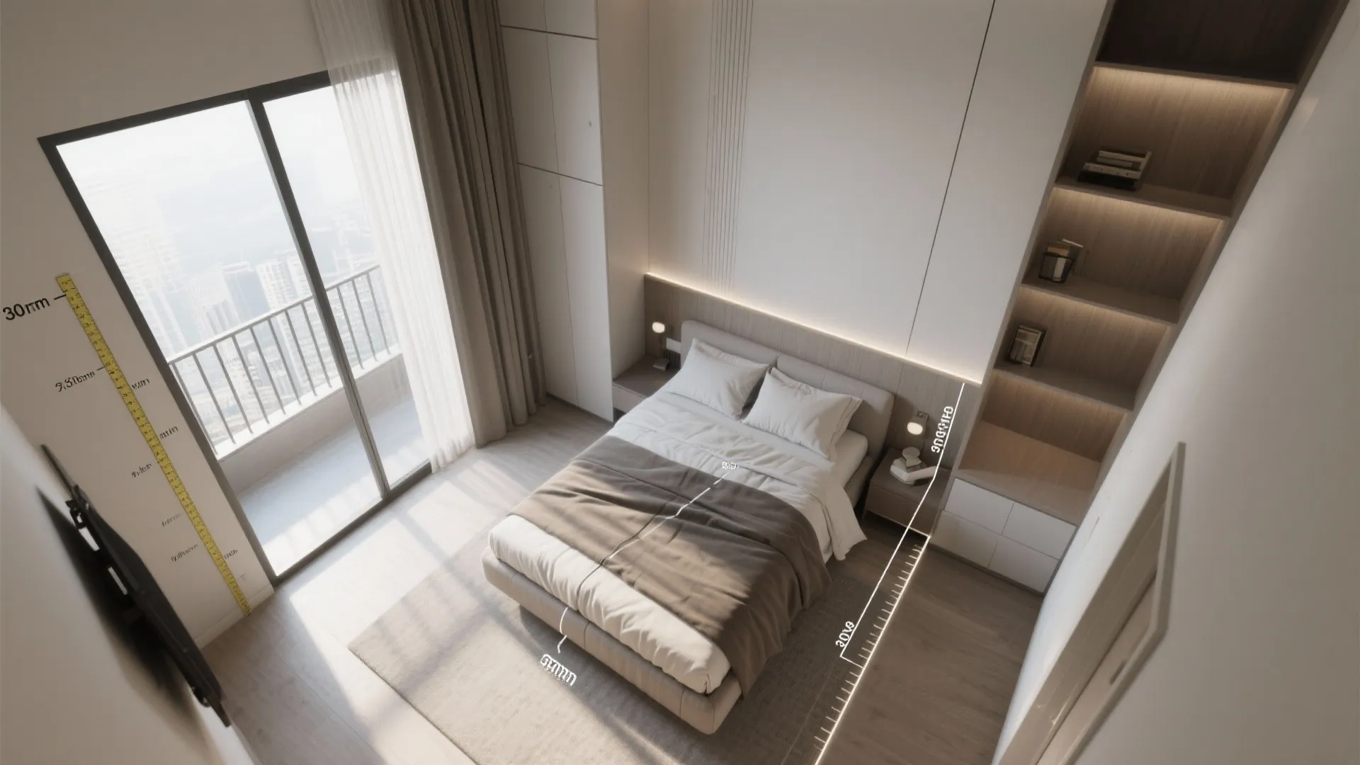 Interior design drawing showing bedroom room layout with measurements for bed and balcony in editor