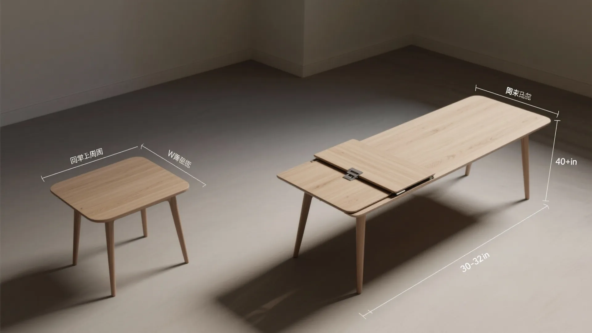 Comparison of a small square wooden table and a long table with dimensions and labels