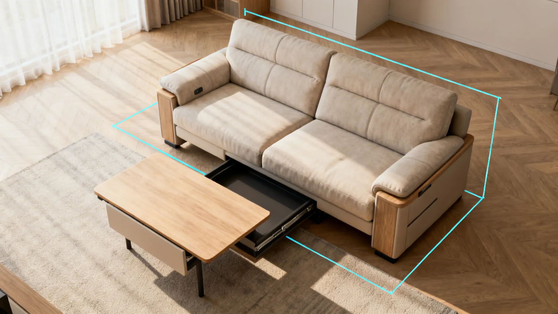Top-down layout showing a lift-top coffee table and clearance behind a reclining sofa
