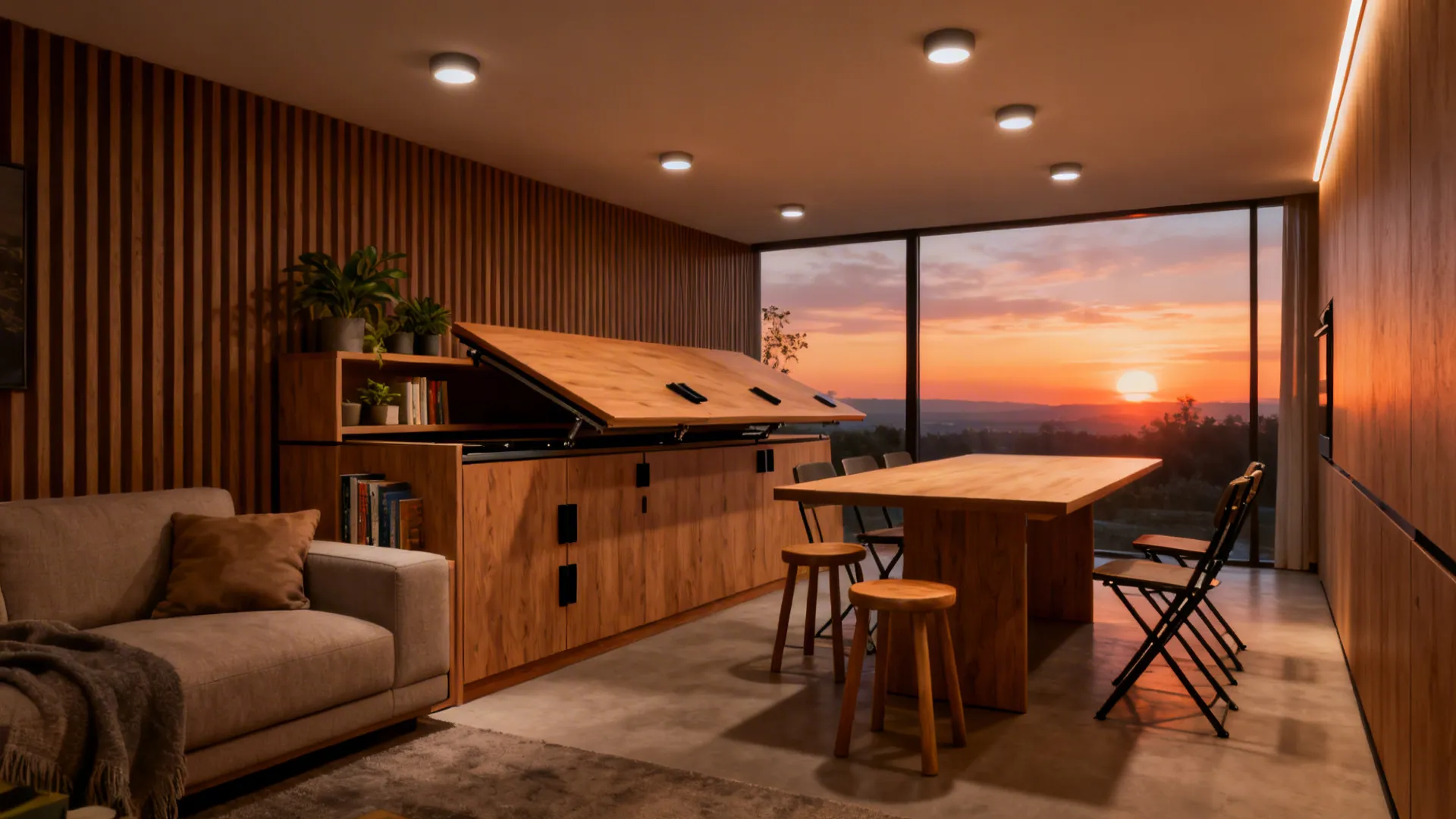 Modern living room with sofa wooden table and cabinet showing a sunset view through windows