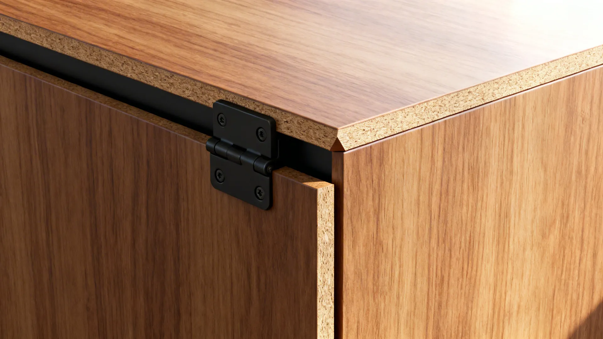Close up of a black metal hinge connecting two pieces of light brown wood cabinet furniture