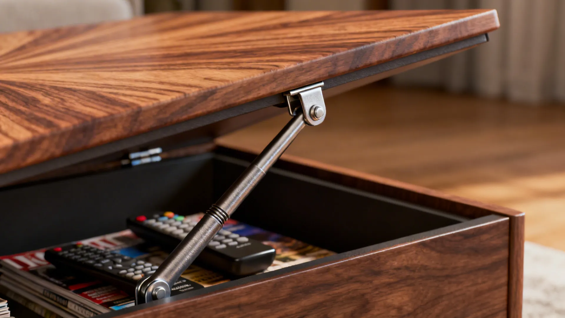 Close-up of a flip-top coffee table showing a soft-close gas strut and hidden storage with remotes.