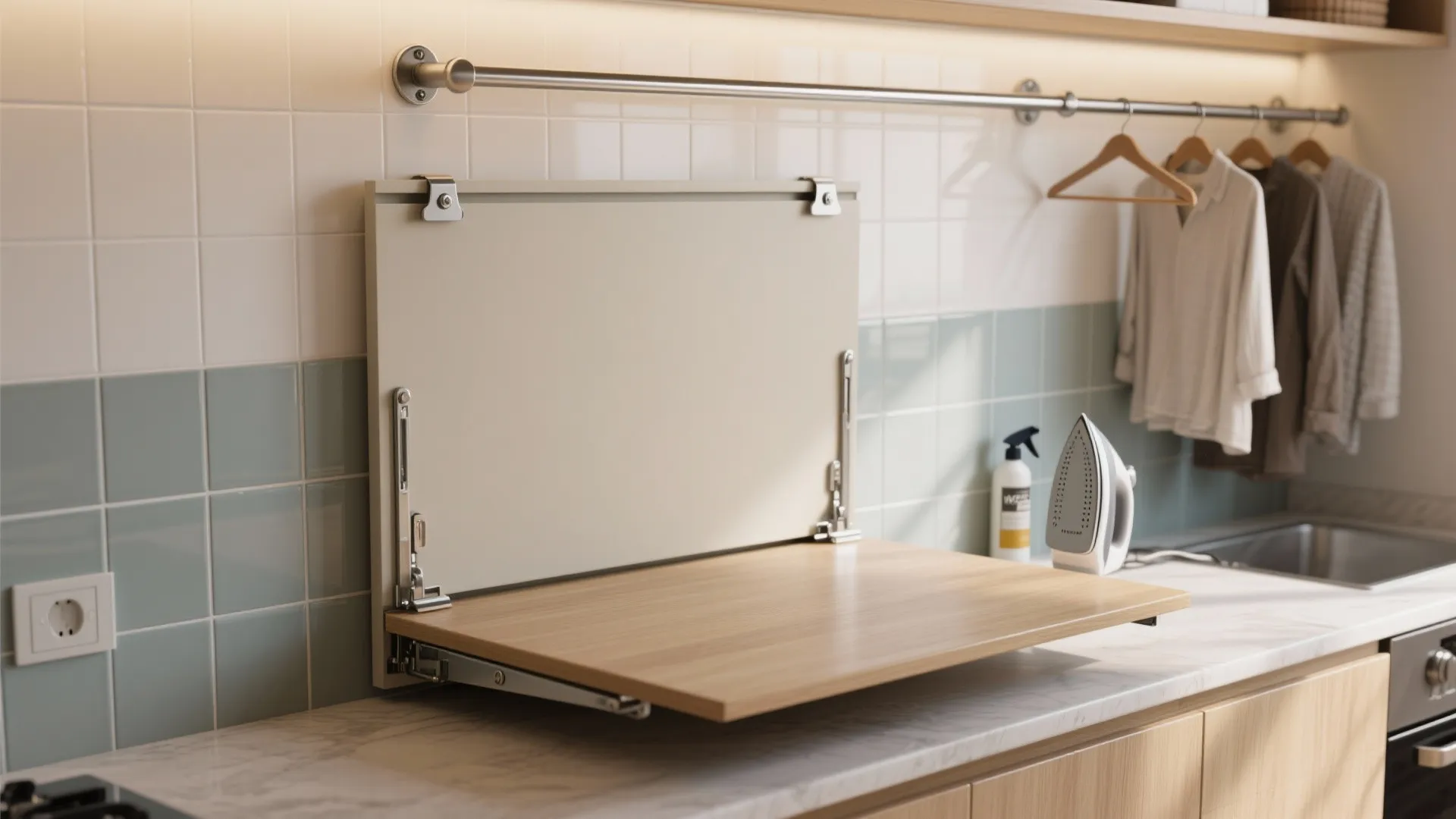 3. Flip-up backsplash table with hanging rod