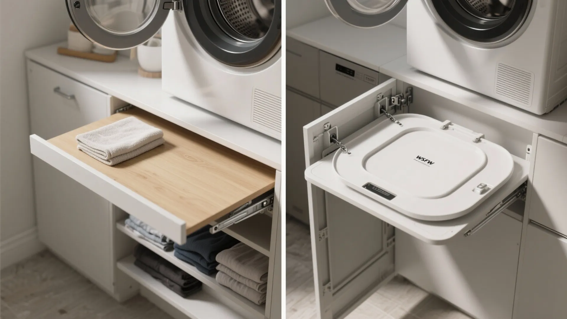 Comparison of pull out wooden shelf and white flip up laundry tray in cabinet design