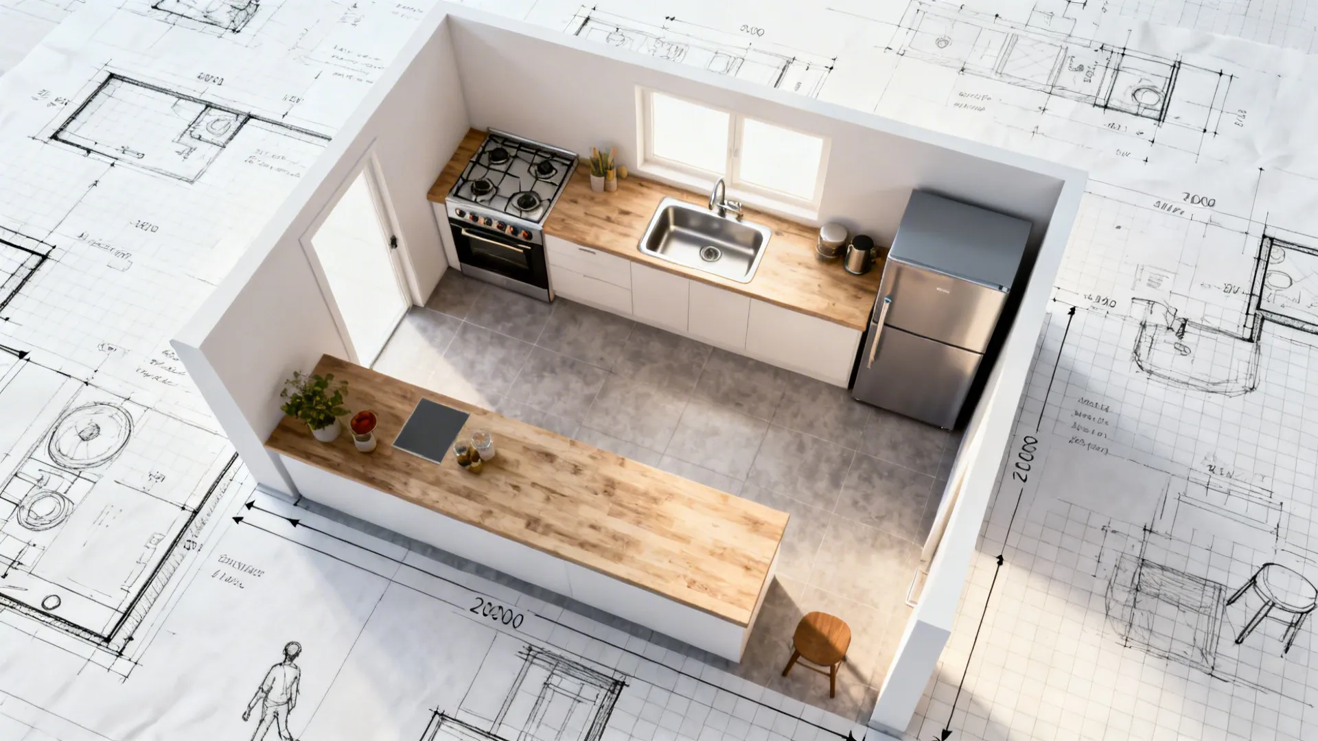 Top-down plan view showing a flipped kitchen work triangle with stove, sink, and fridge on the same walls