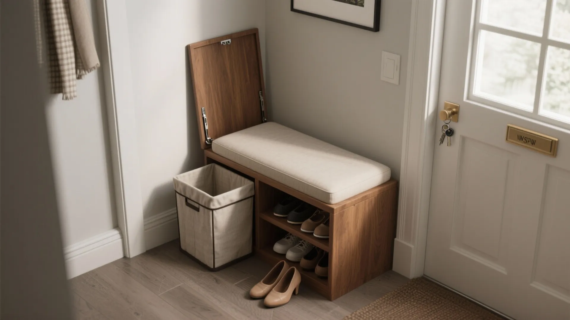 Wooden entryway bench with flip top lid cushion shoe storage and a separate laundry basket