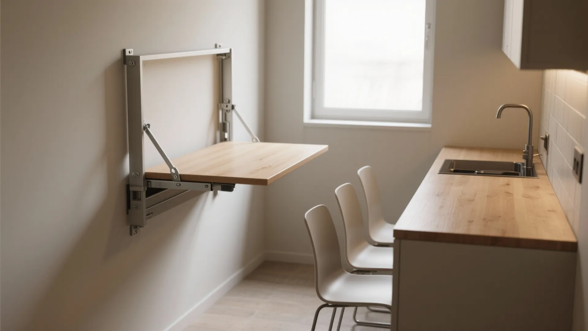 1. Wall-mounted flip-down table with stackable chairs