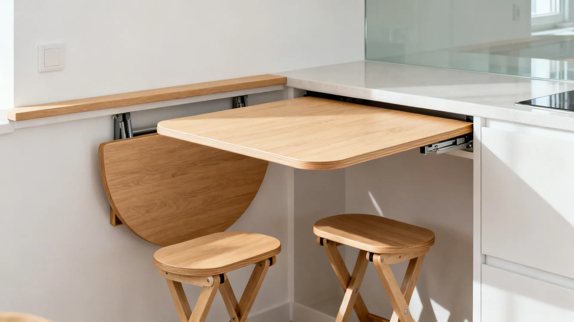 Flip-down wall table with rounded edges and foldable stools in a tiny kitchen.