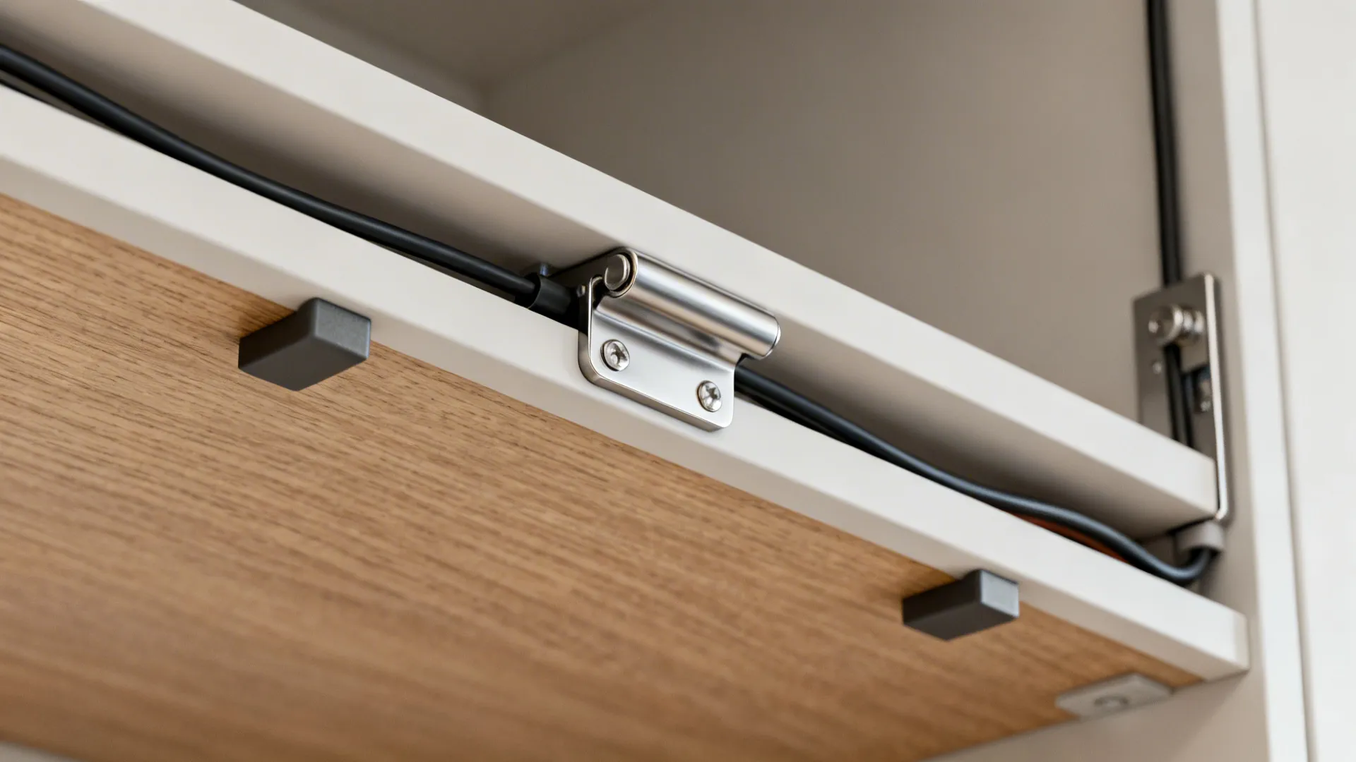 Macro of a flip-down hinge and magnetized cable clips under a kitchen cabinet.