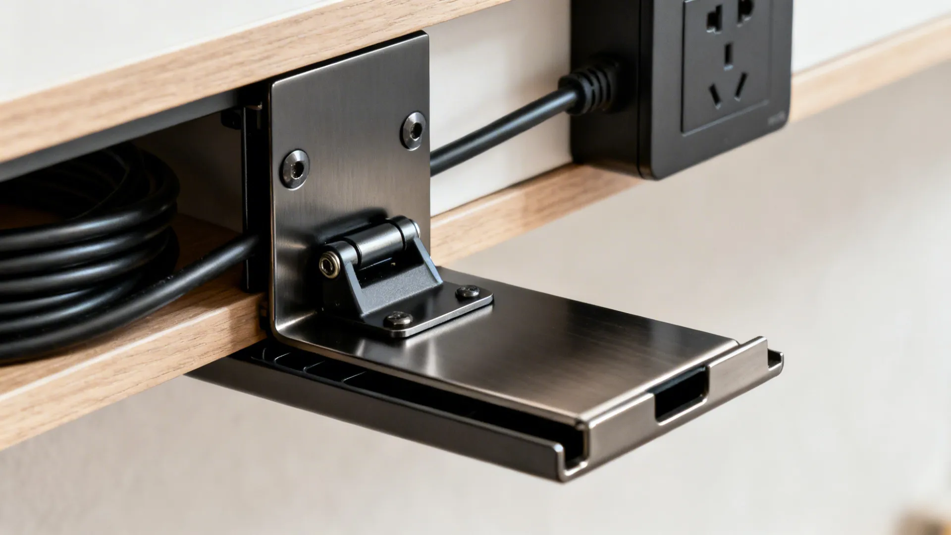 Macro of an under-cabinet flip-down TV hinge with clean cable channel and power strip.