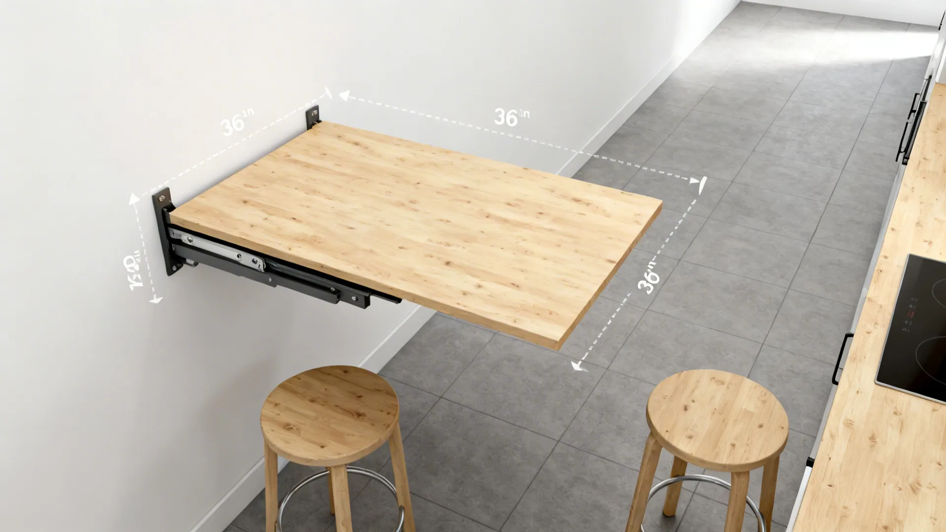 Top-down view of a flip-down wall table showing dining and folded states with clear walkways.