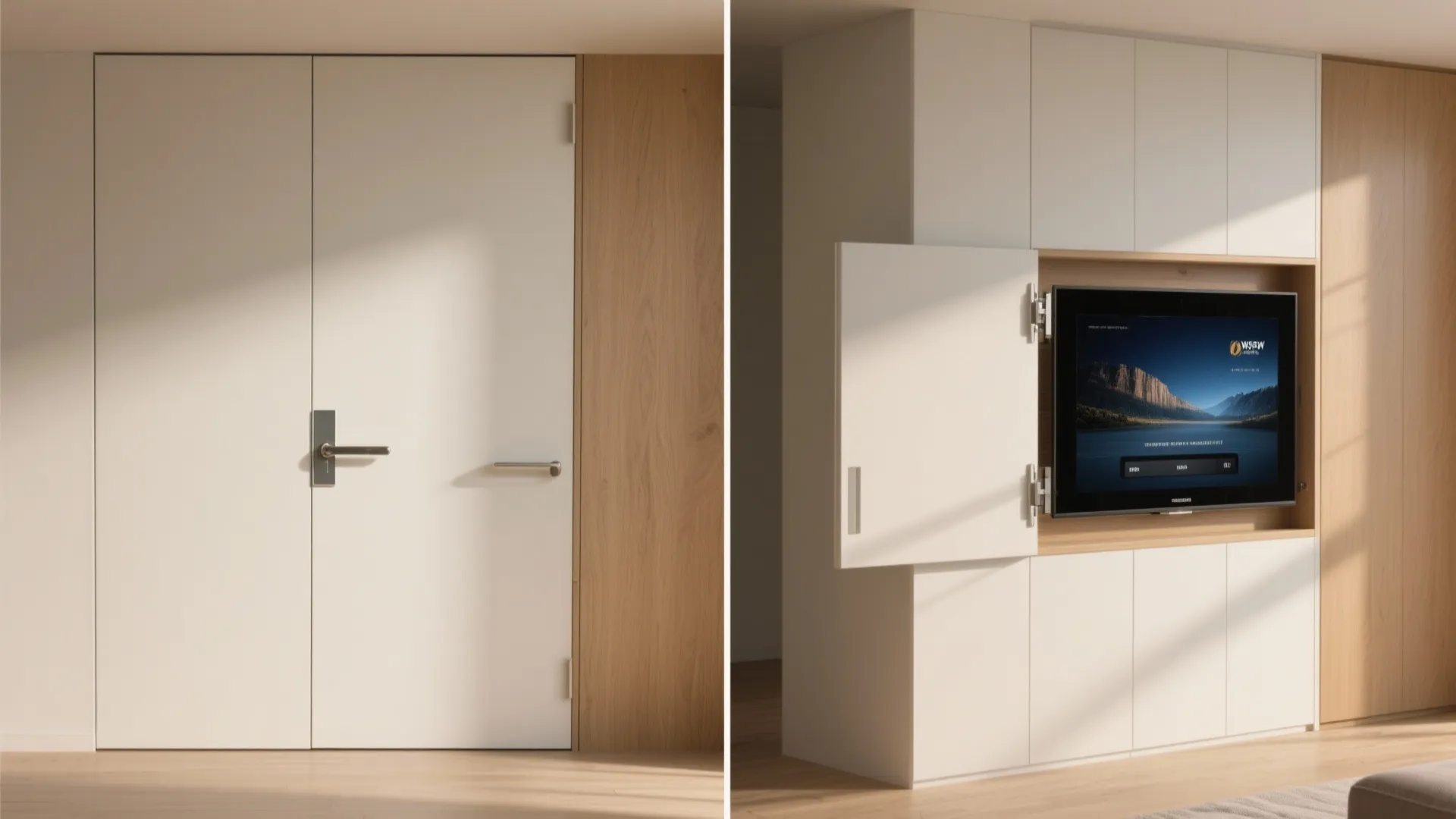 5. Integrated cabinet door TV or flip-down panel