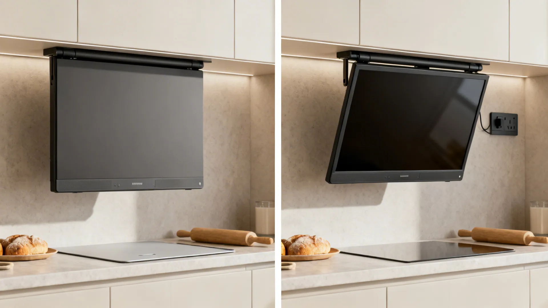 Under-cabinet flip-down TV shown hidden and then tilted open above a clear kitchen countertop.