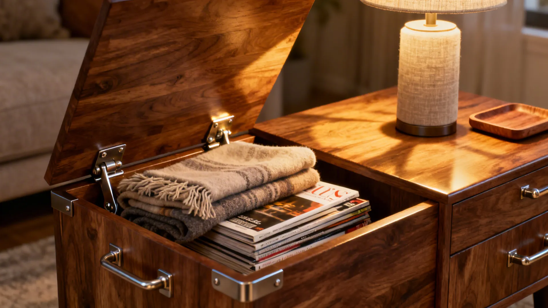 Flip-top side table open to reveal blankets and magazines inside