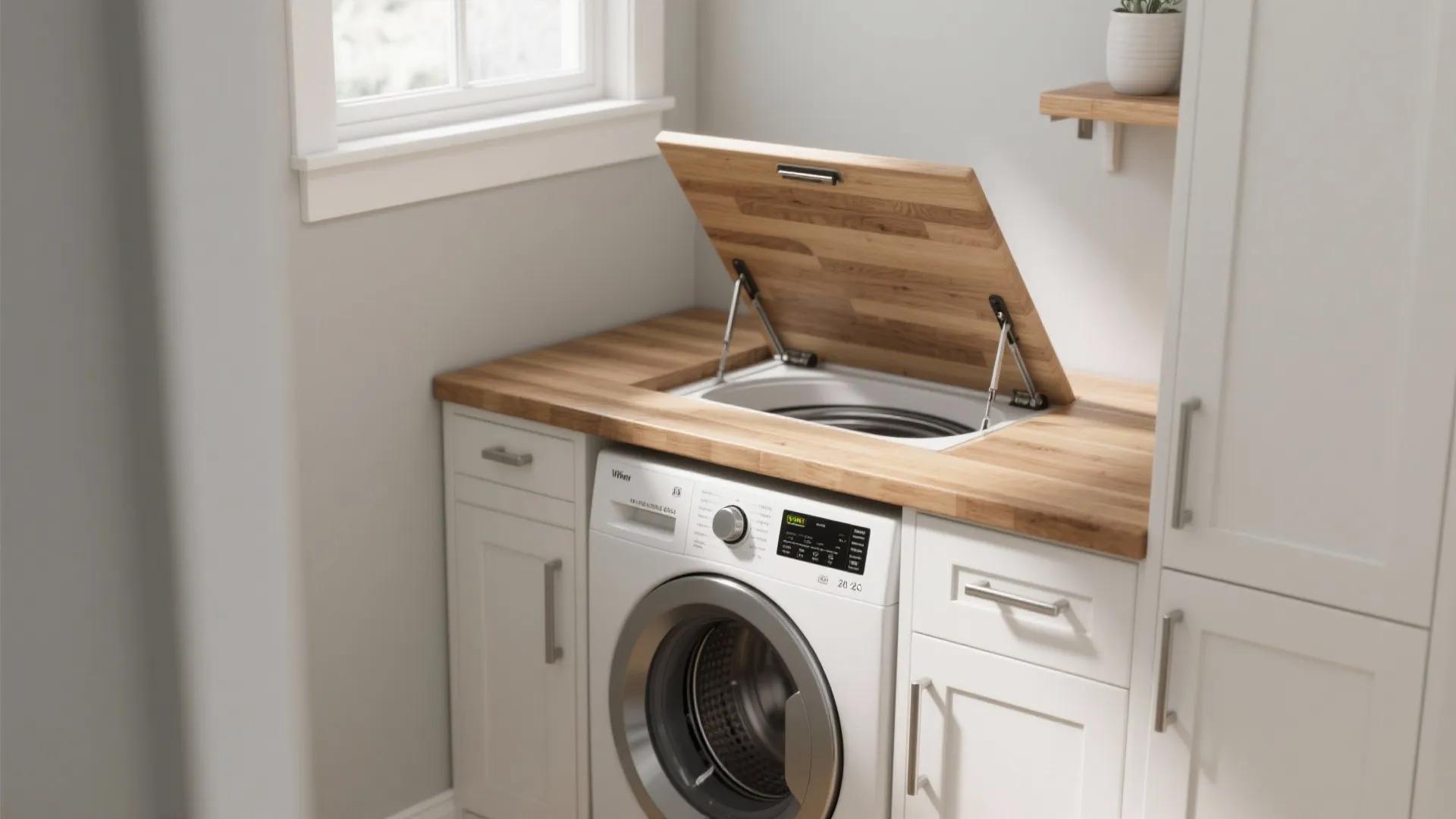 Modern laundry room with washing machine built into white cabinets featuring a flip up countertop