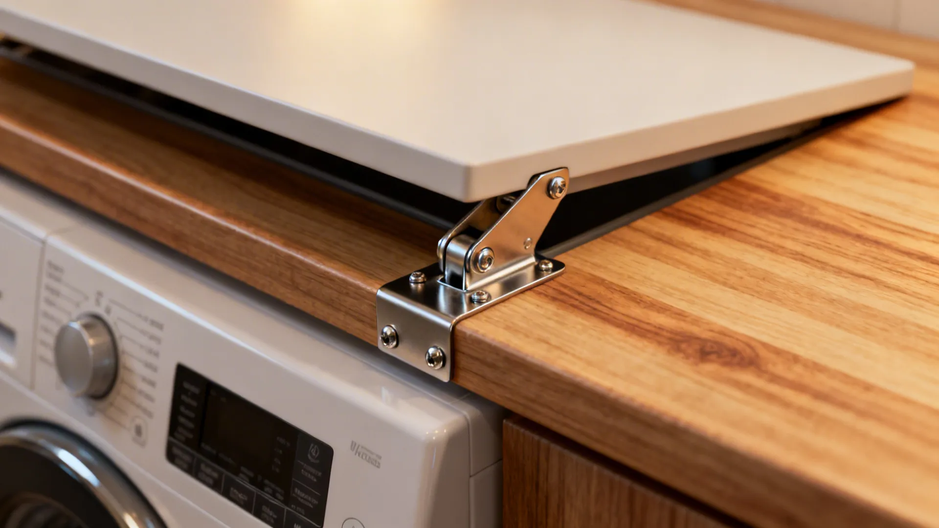 Hinged flip-up counter over a top-load washer showing durable stainless hinges and clearance.