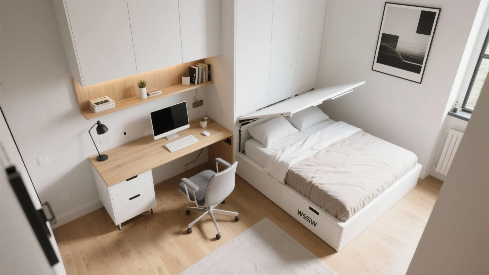Murphy bed with integrated flip-up desk in compact office