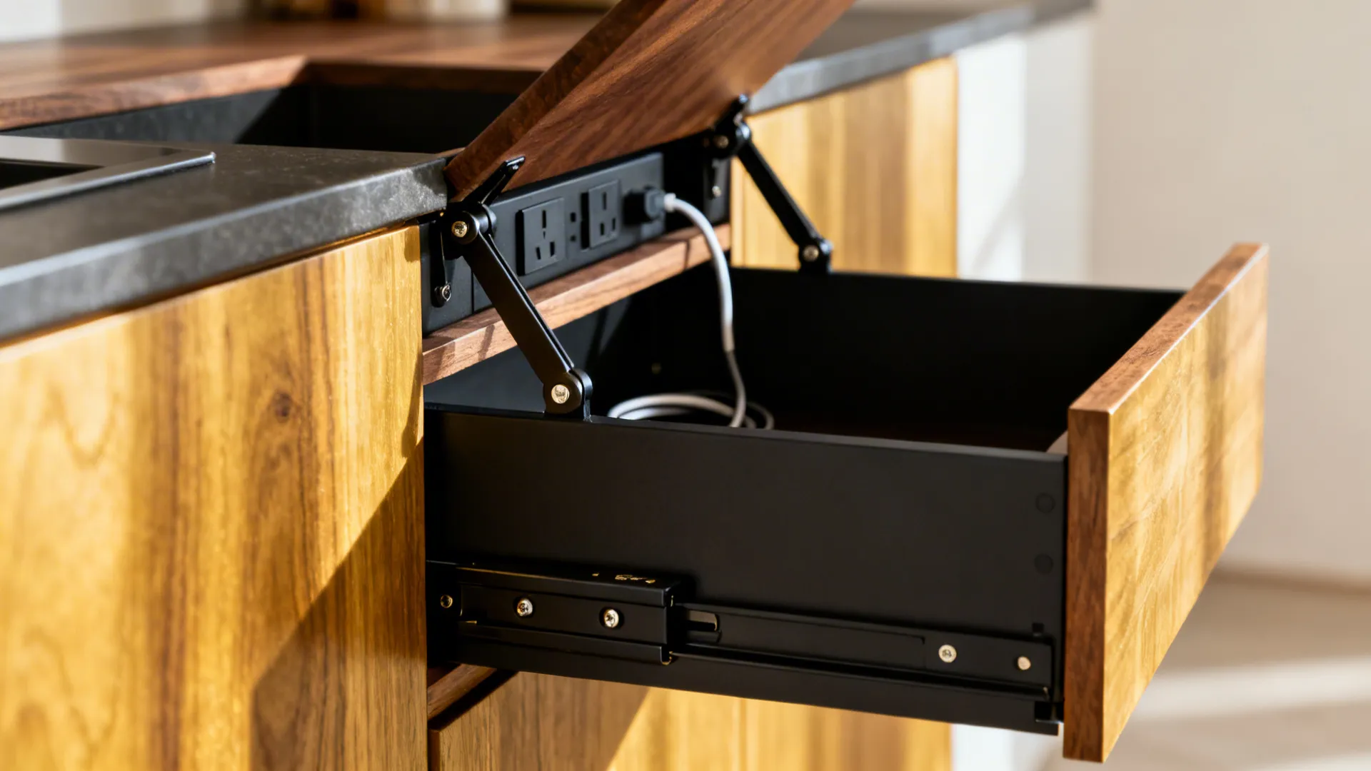 Macro of a flip-up power compartment and soft-close hardware on a walnut breakfast bar.
