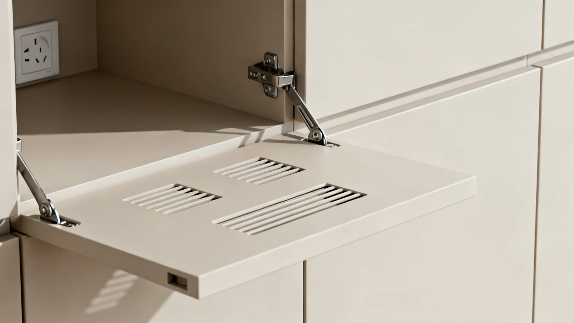 Close-up of flip-up hinge and discreet vent cutouts inside a microwave cabinet niche.