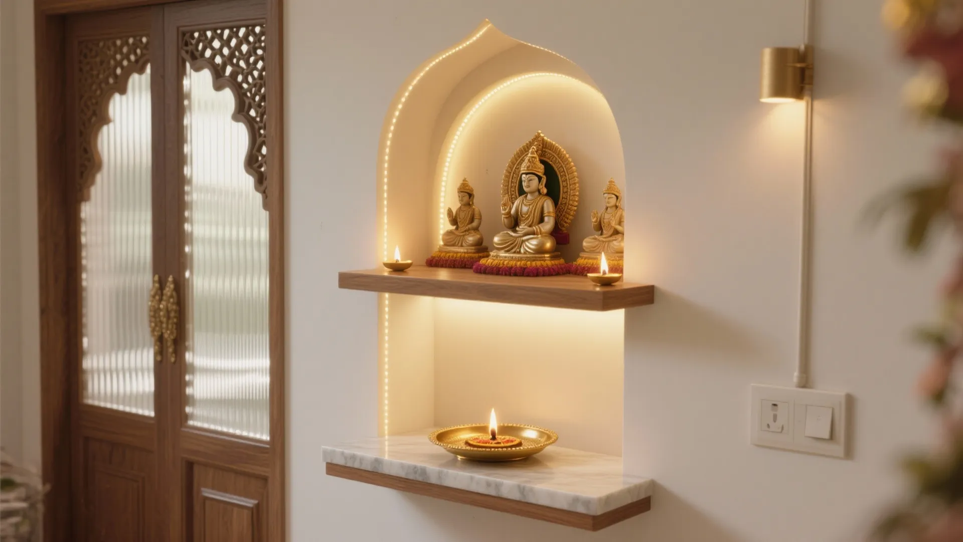 White wall with arched niche featuring wooden shelves golden statues candle light and a wall light