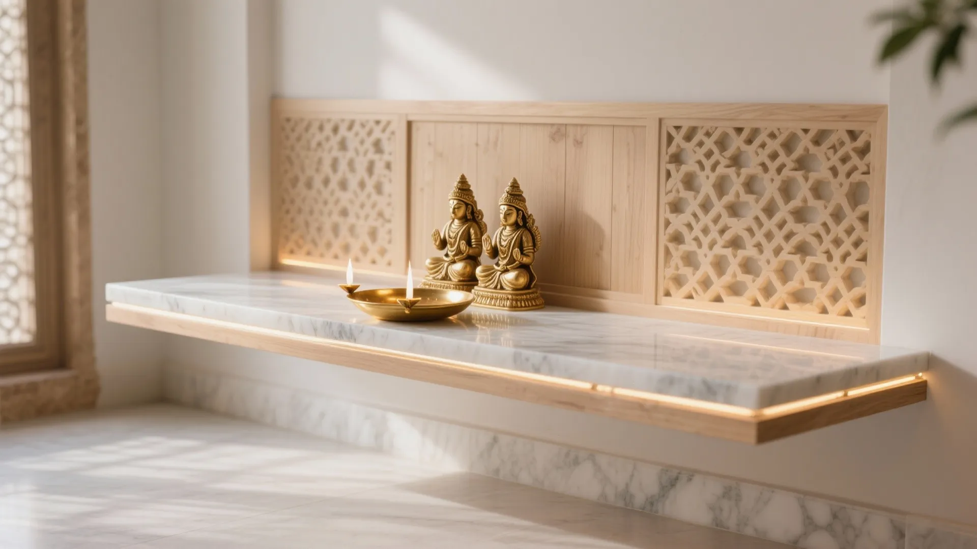 Float the altar: slim ledge + backlit panel