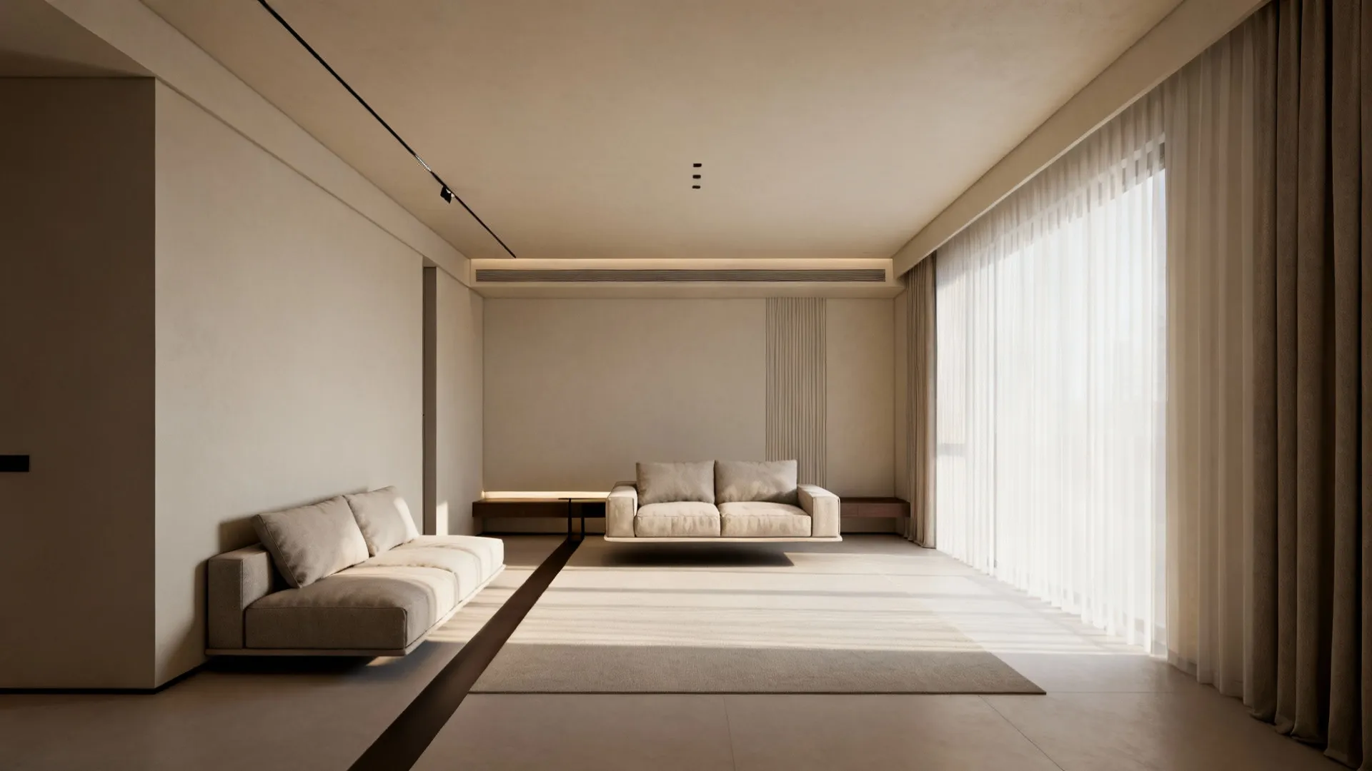 One sofa floated with a slim console and another sofa anchored to the wall with a runner tying them together.