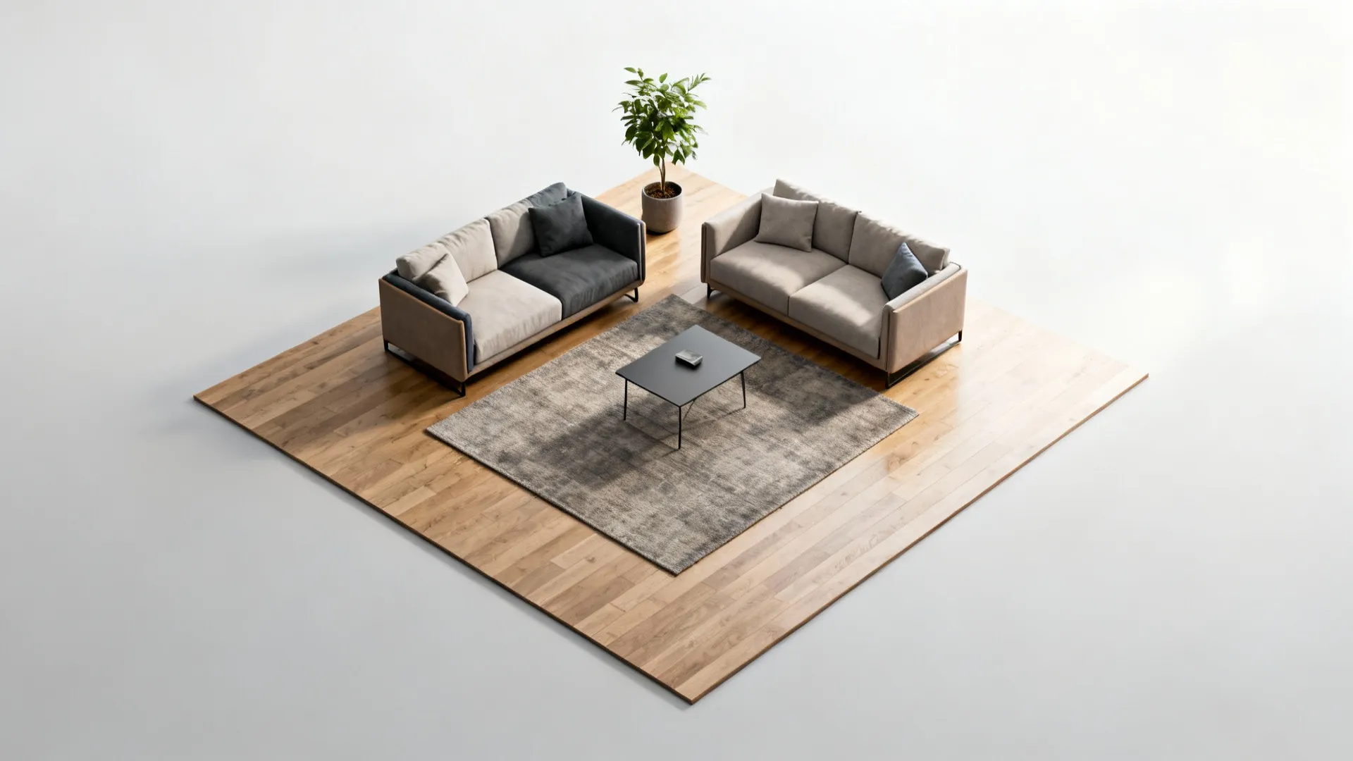 Two couches floated in an L-shape around a coffee table with a central rug and clear walkways