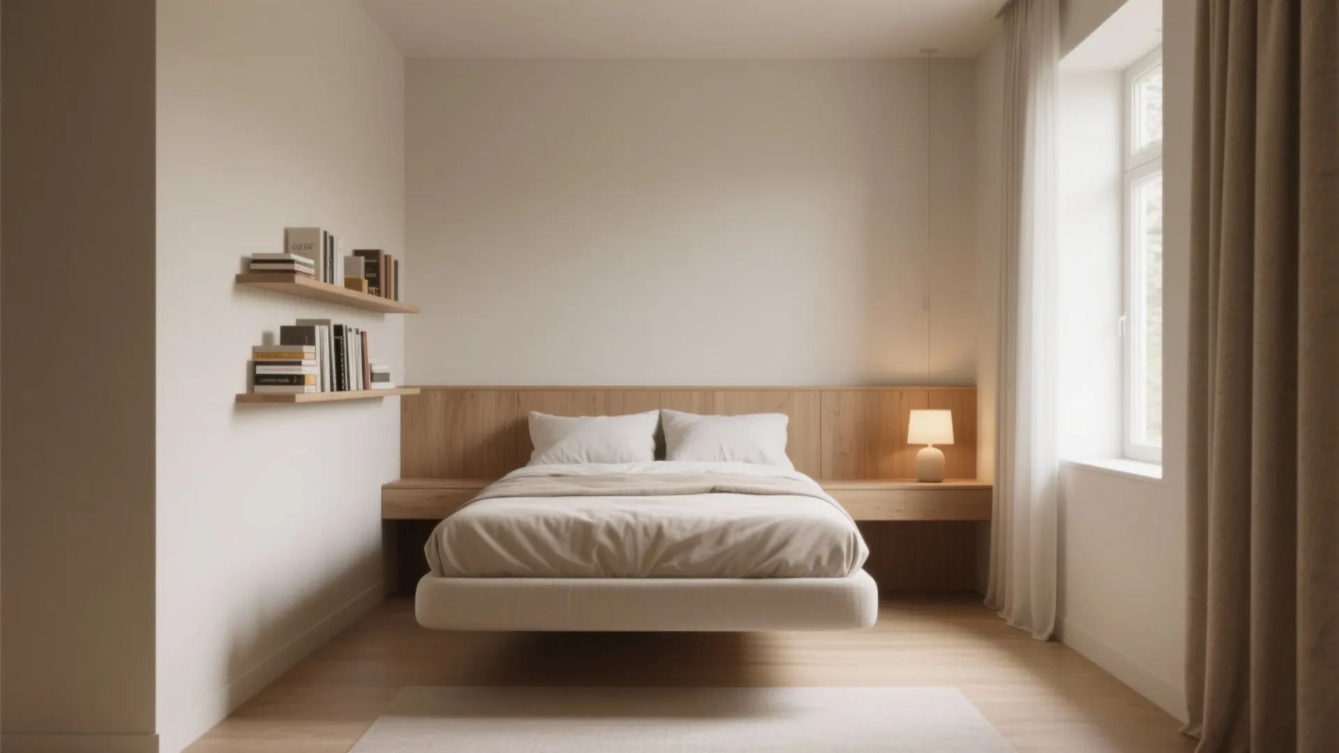 Minimalist bedroom featuring a floating bed wood wall panel book shelves and a small lamp