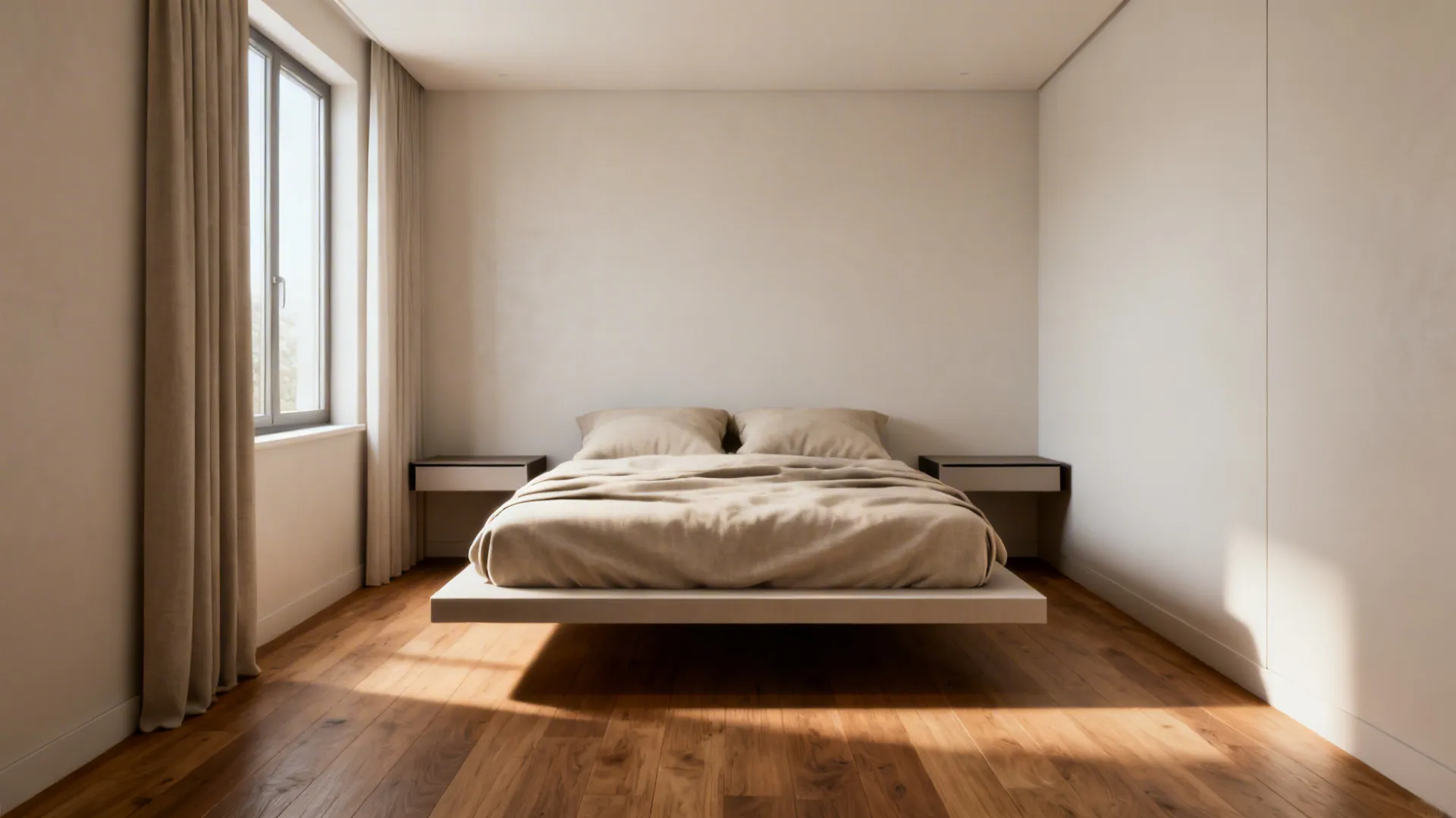 Minimalist bedroom featuring a floating bed with beige bedding wooden floors and large side windows