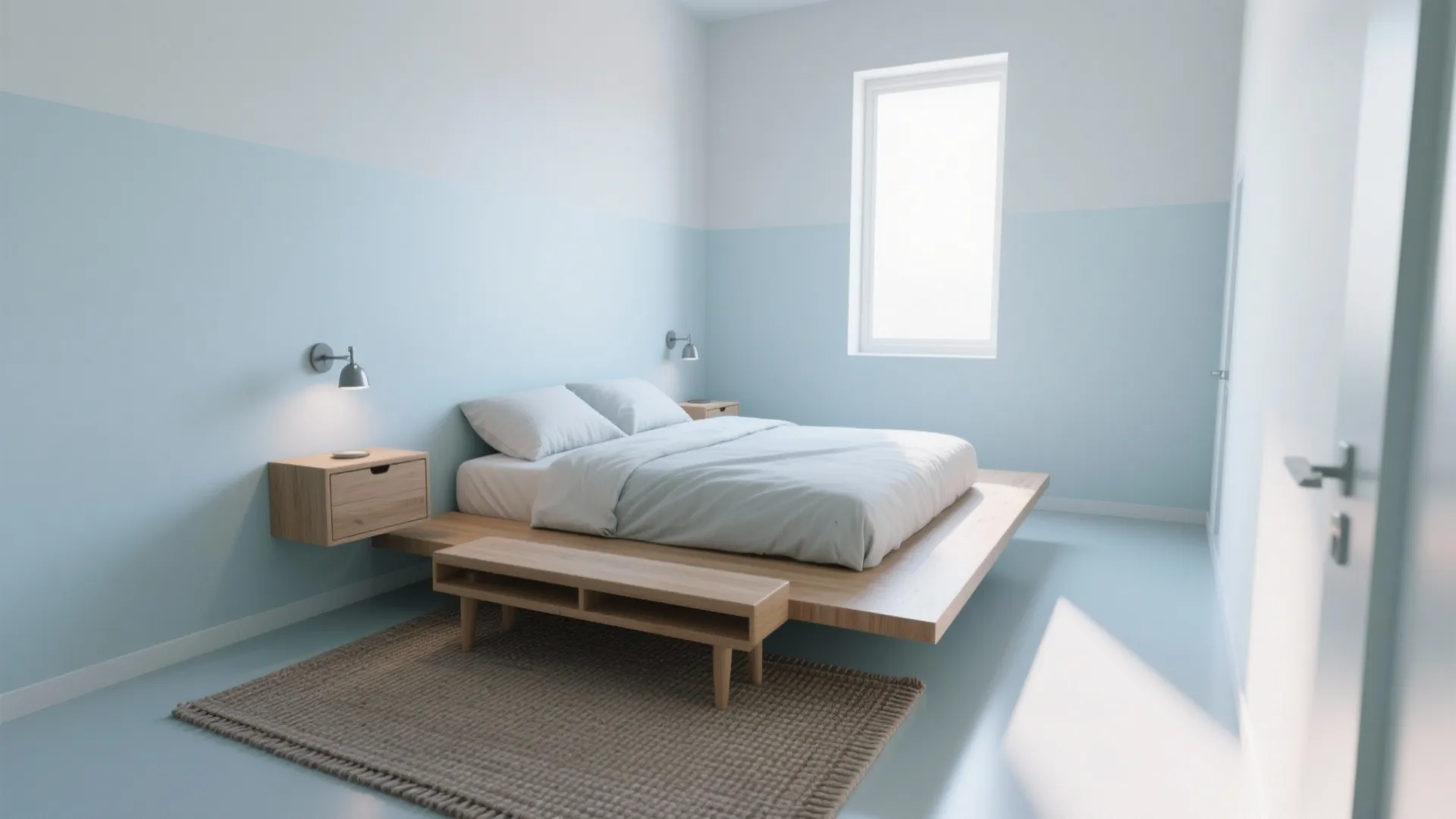 Floating bed slightly off the wall with wall-mounted nightstands and a slim bench to free floor space.