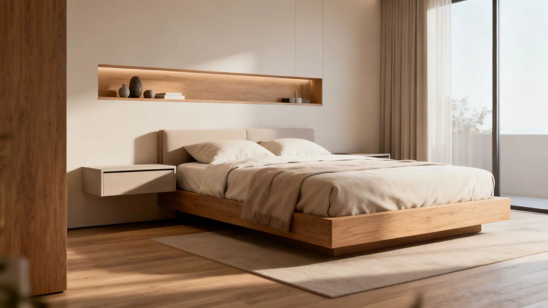 King bed floated from the wall with floating nightstands and headboard shelf creating visual breathing room
