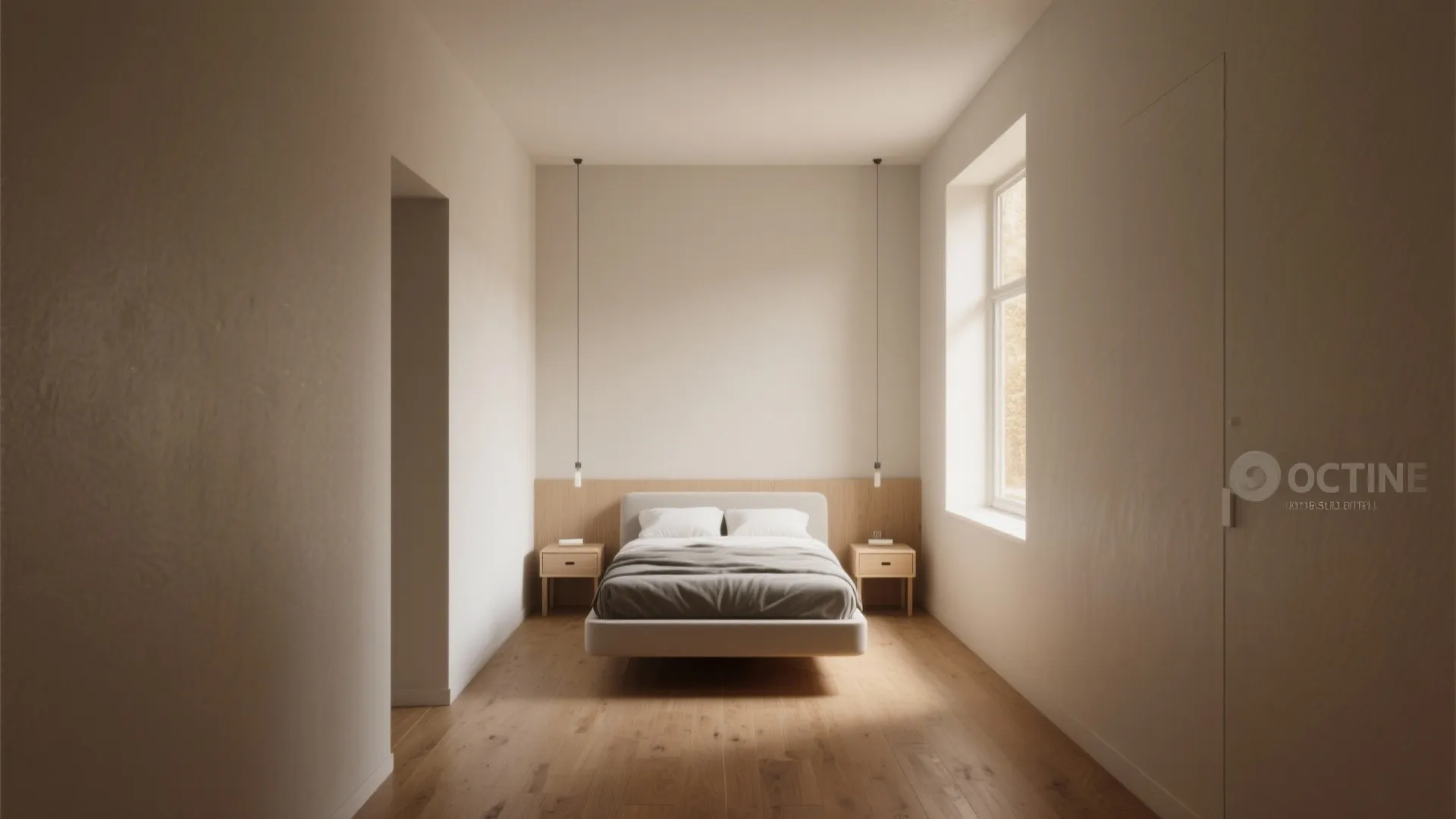 Minimalist bedroom with floating bed wooden floor white walls two small bedside tables and windows