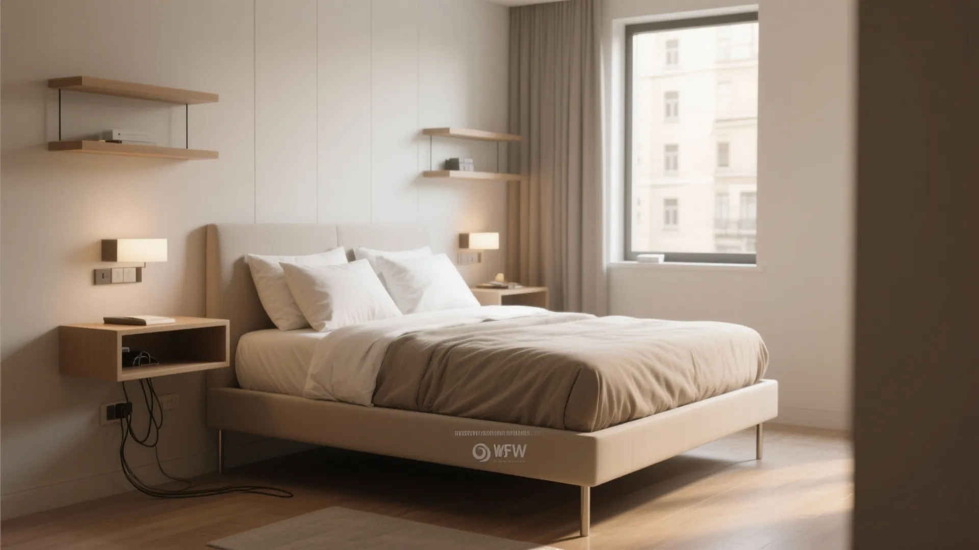 Minimalist bedroom with floating bed wooden shelves white walls wall lights and a large window