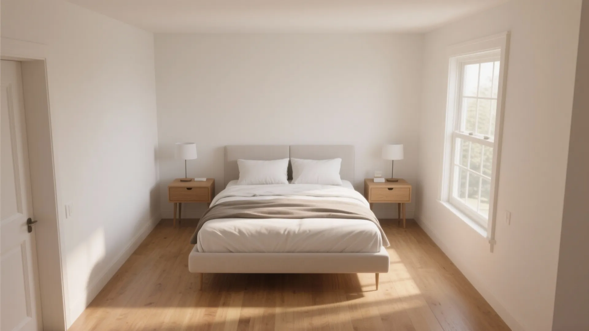 Minimalist bedroom with beige upholstered bed wooden nightstands white walls wood flooring and natural sunlight