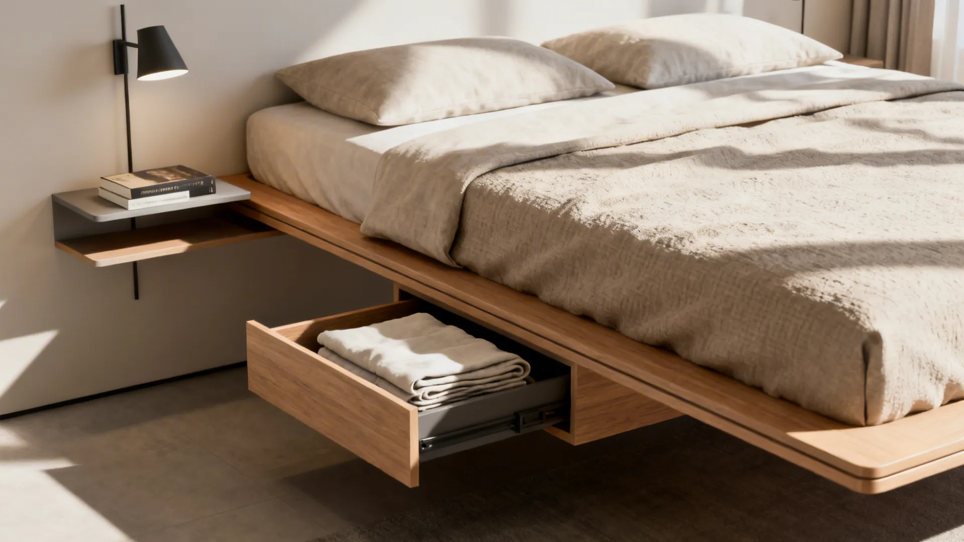 Close-up of a floated double bed platform with an integrated drawer and slim bedside shelves