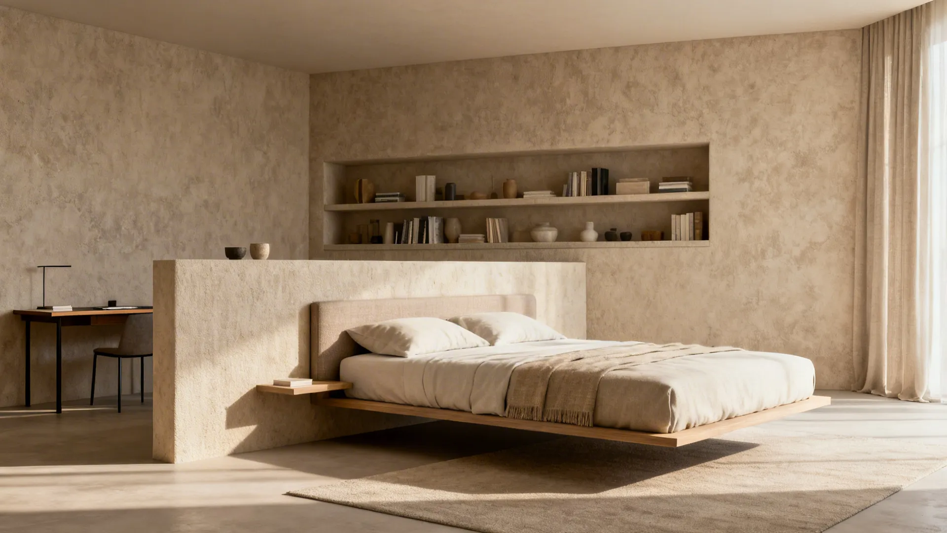 King bed floated against a low partial divider that serves as a headboard and shelf