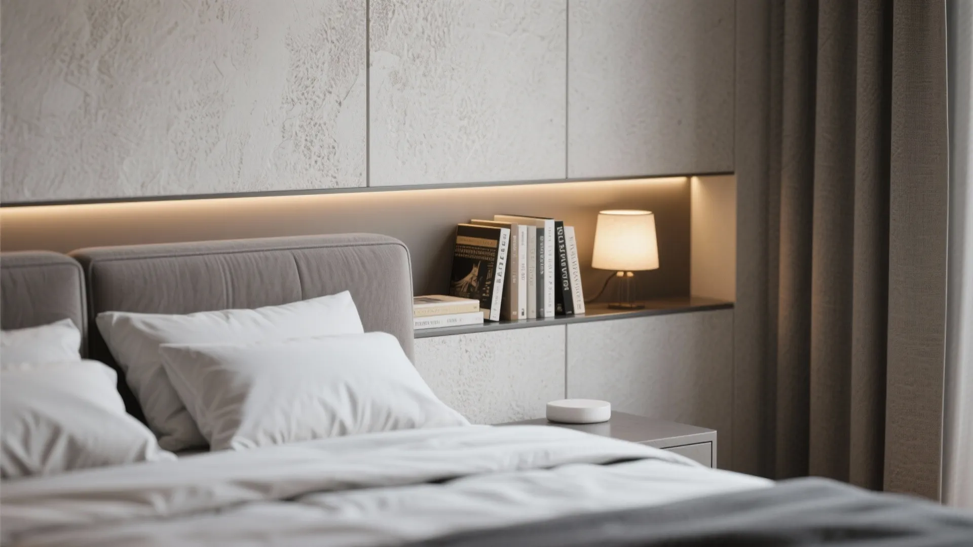 Modern bed with white pillows next to a wall shelf with books and desk lamp