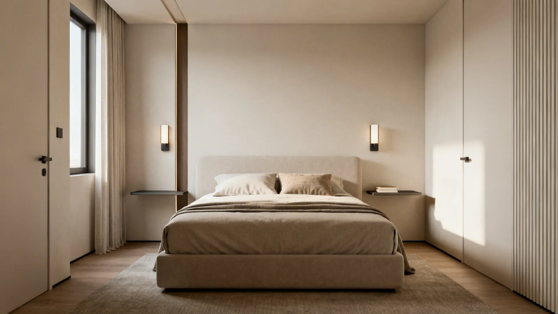 Queen bed floated slightly from the wall with wall-mounted lights and floating bedside ledges