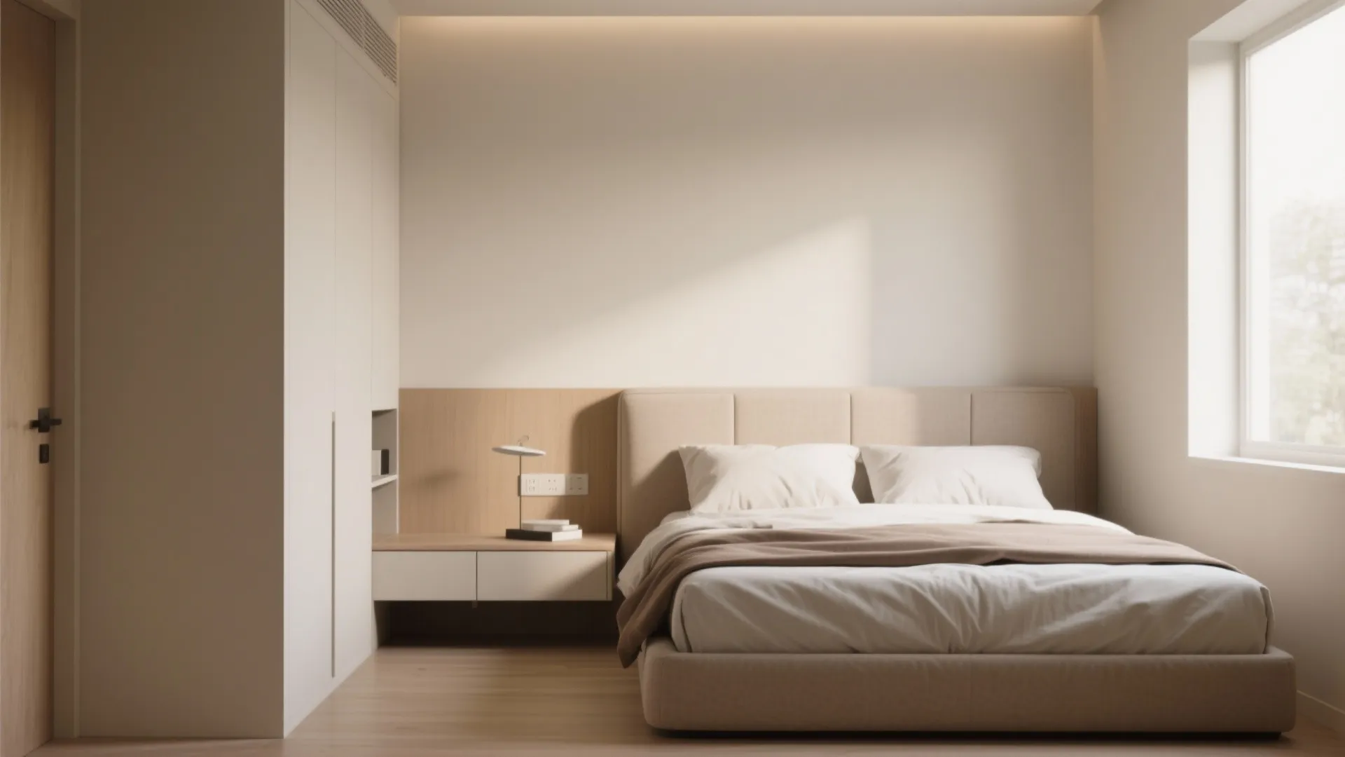 Small bedroom with bed pulled away from wall and a hidden shelf behind the headboard