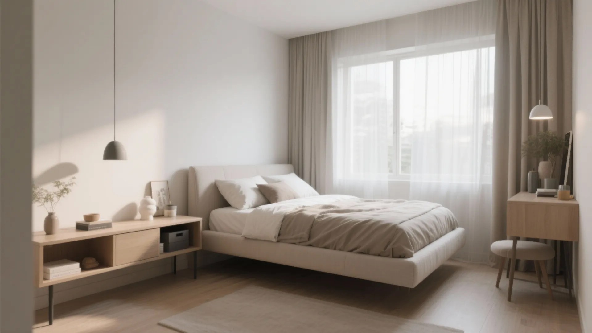 Minimalist bedroom with beige bed wood side cabinet small desk large window and soft natural light